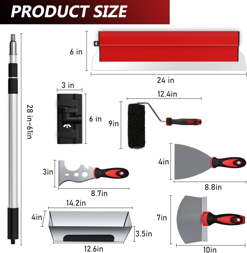 Ceeintee Drywall Skimming Blade Set, Include 24" Skimming Blade, 12" Mud Pan, 7" Drywall Compound Rollers, a Extension Handle and Three Drywall Tools for Drywall/Plaster/Wallboard - Image 2